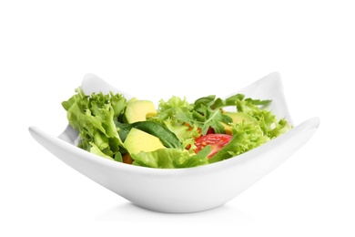 Delicious avocado salad in bowl on white background