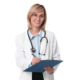 Photo of Smiling doctor with clipboard on white background