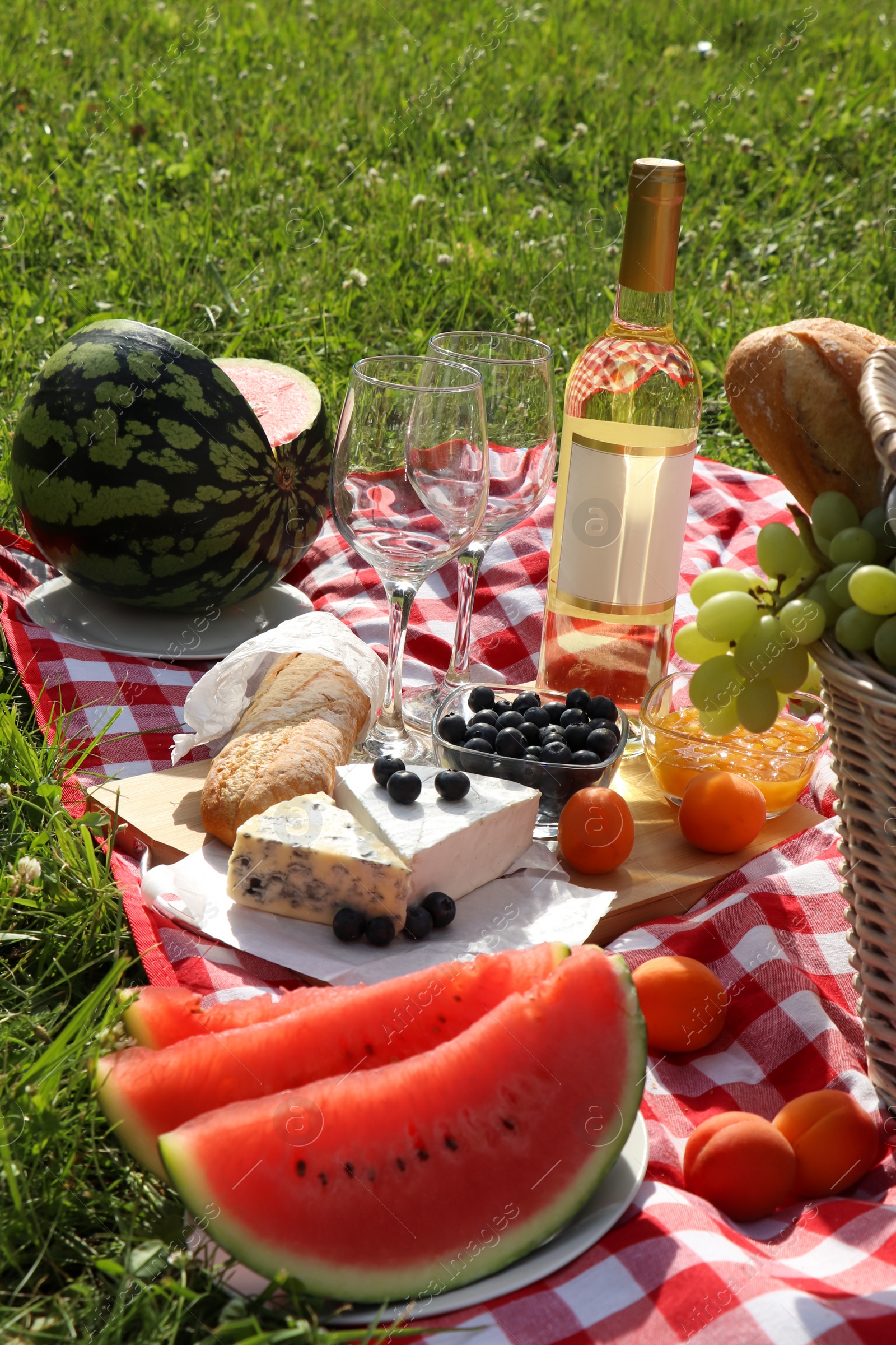 Photo of Picnic blanket with delicious food and wine outdoors on summer day