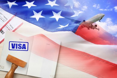 Image of Multiple exposure with airplane in sky, USA flag and passport with visa stamp