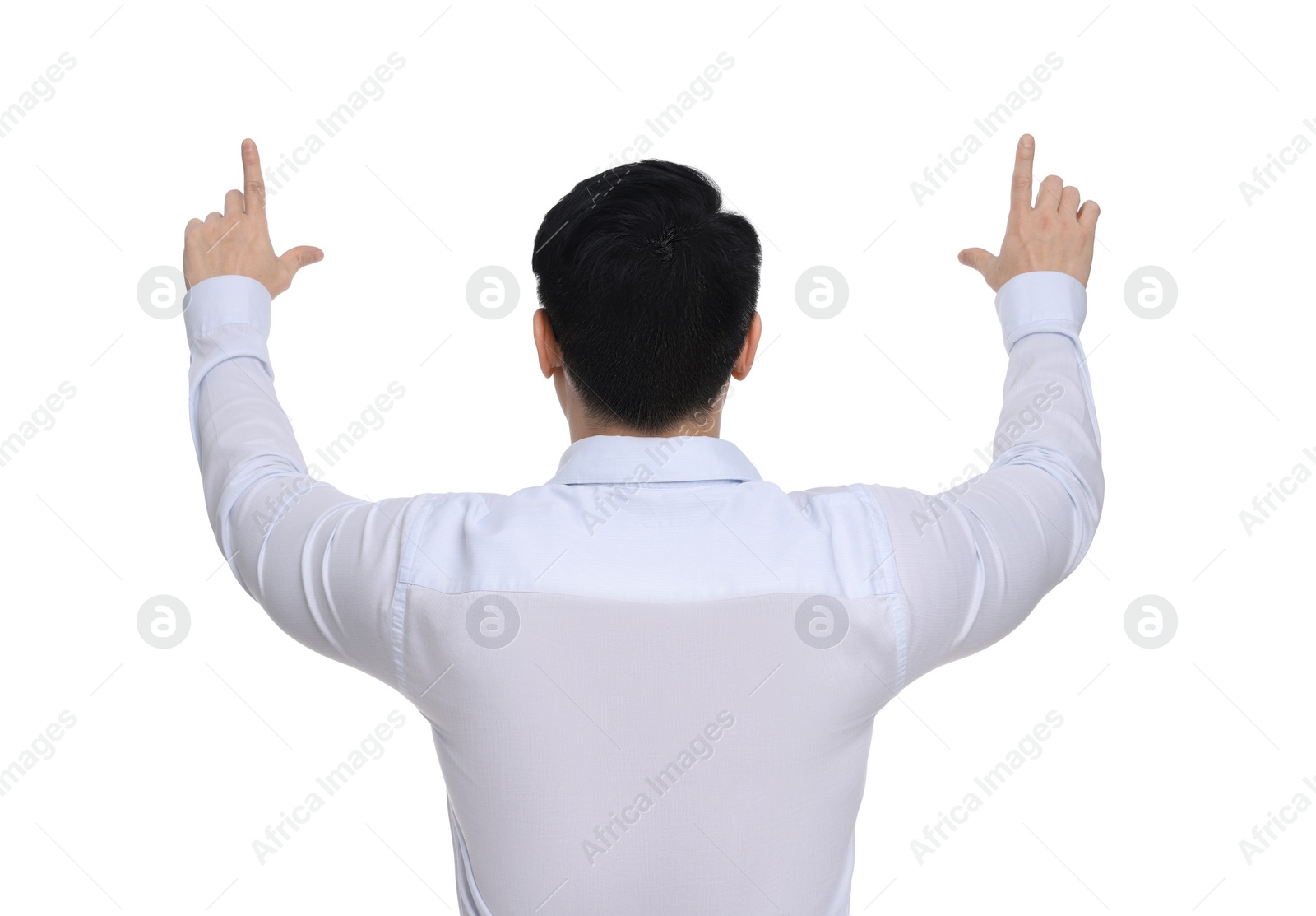 Photo of Businessman in formal clothes posing on white background, back view