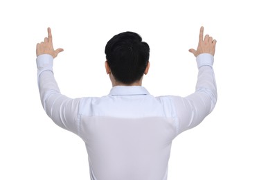 Photo of Businessman in formal clothes posing on white background, back view