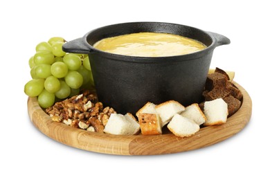 Photo of Fondue with tasty melted cheese and different products isolated on white