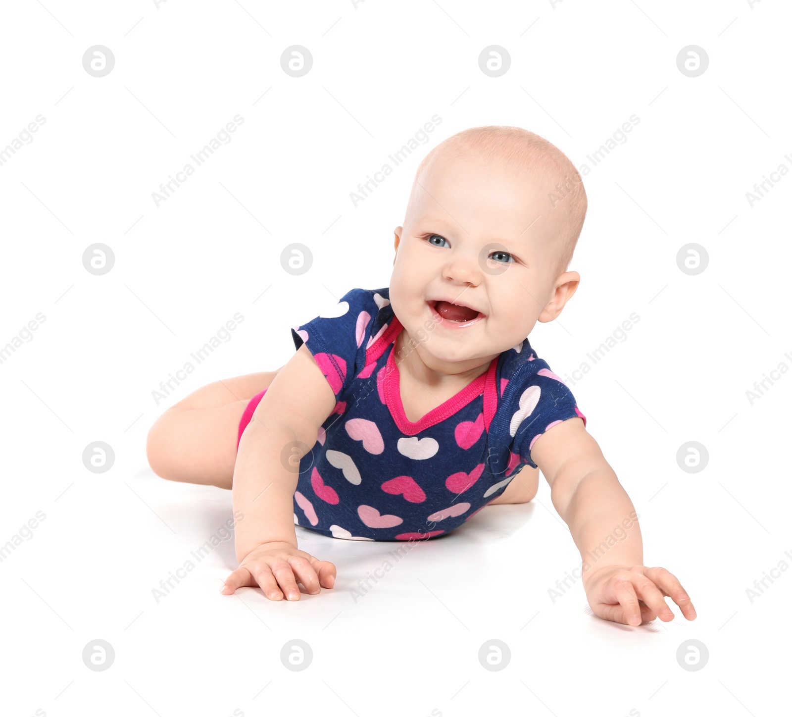 Photo of Cute little baby on white background. Tummy and crawling time