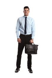 Businessman with stylish leather briefcase on white background