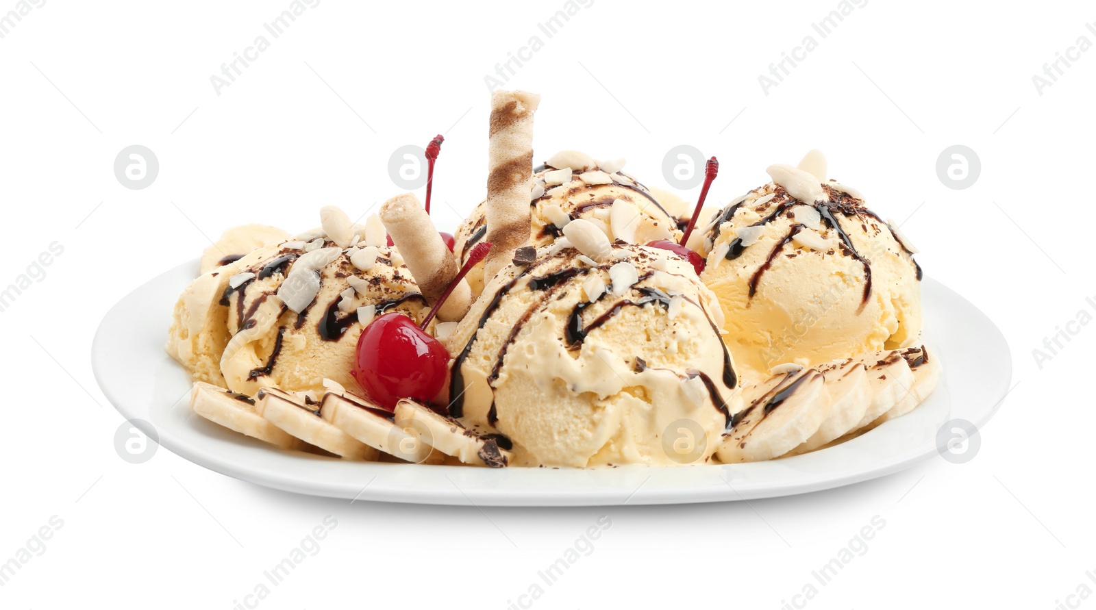 Photo of Delicious dessert with banana ice cream on white background