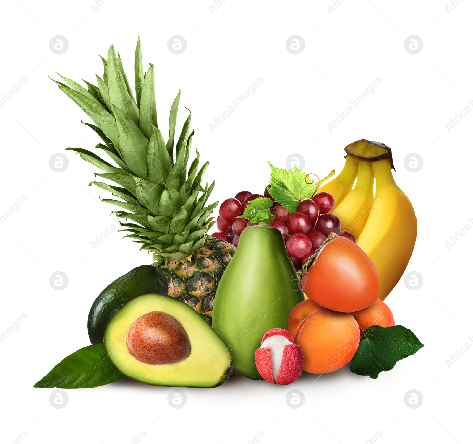 Image of Many different fresh fruits on white background