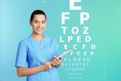 Vision test. Ophthalmologist or optometrist and eye chart on light blue gradient background