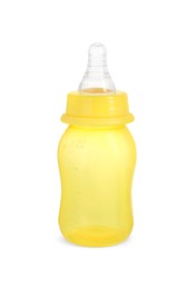 Photo of Empty yellow feeding bottle for baby milk isolated on white
