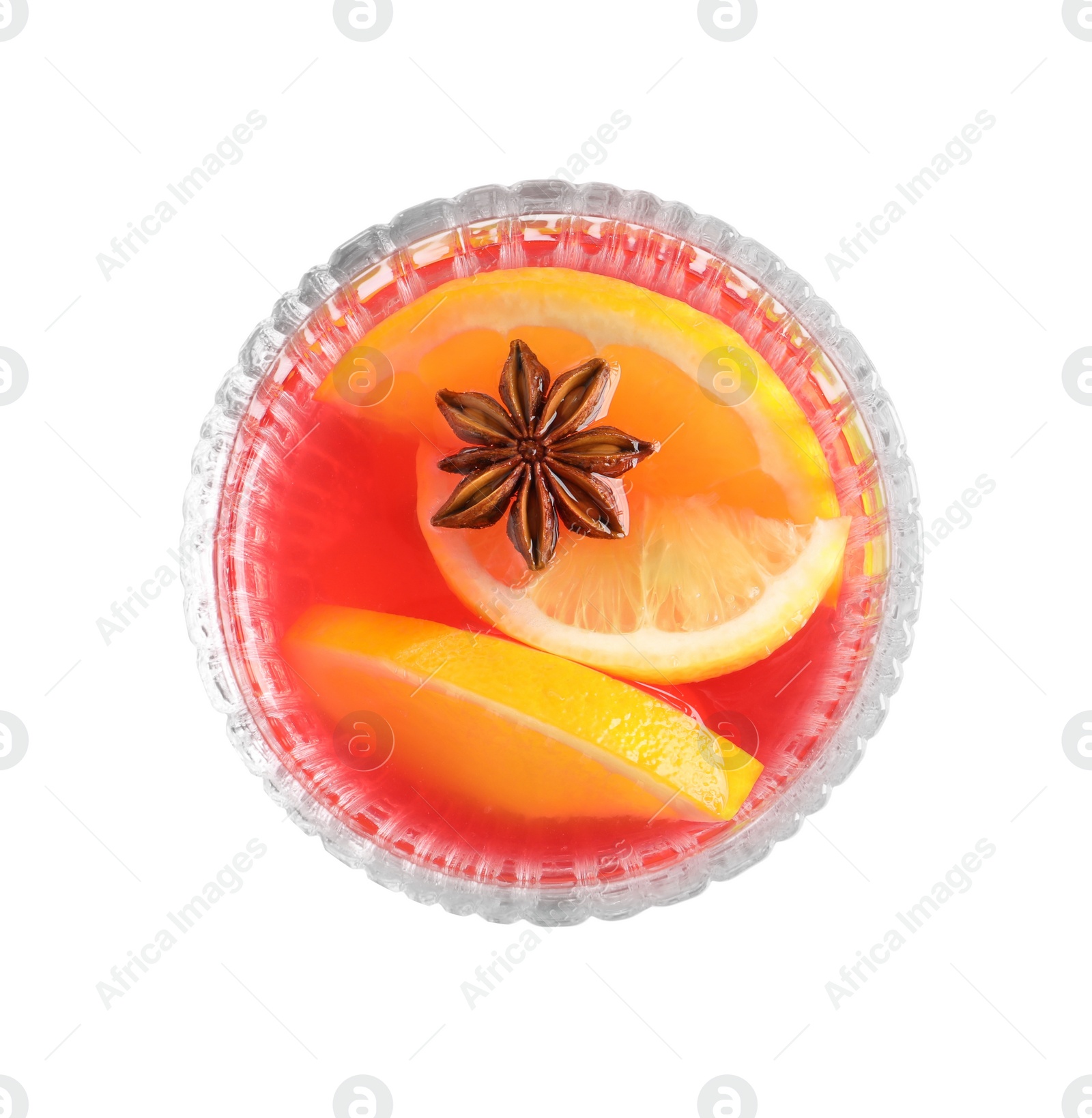 Photo of Glass of aromatic punch drink isolated on white, top view