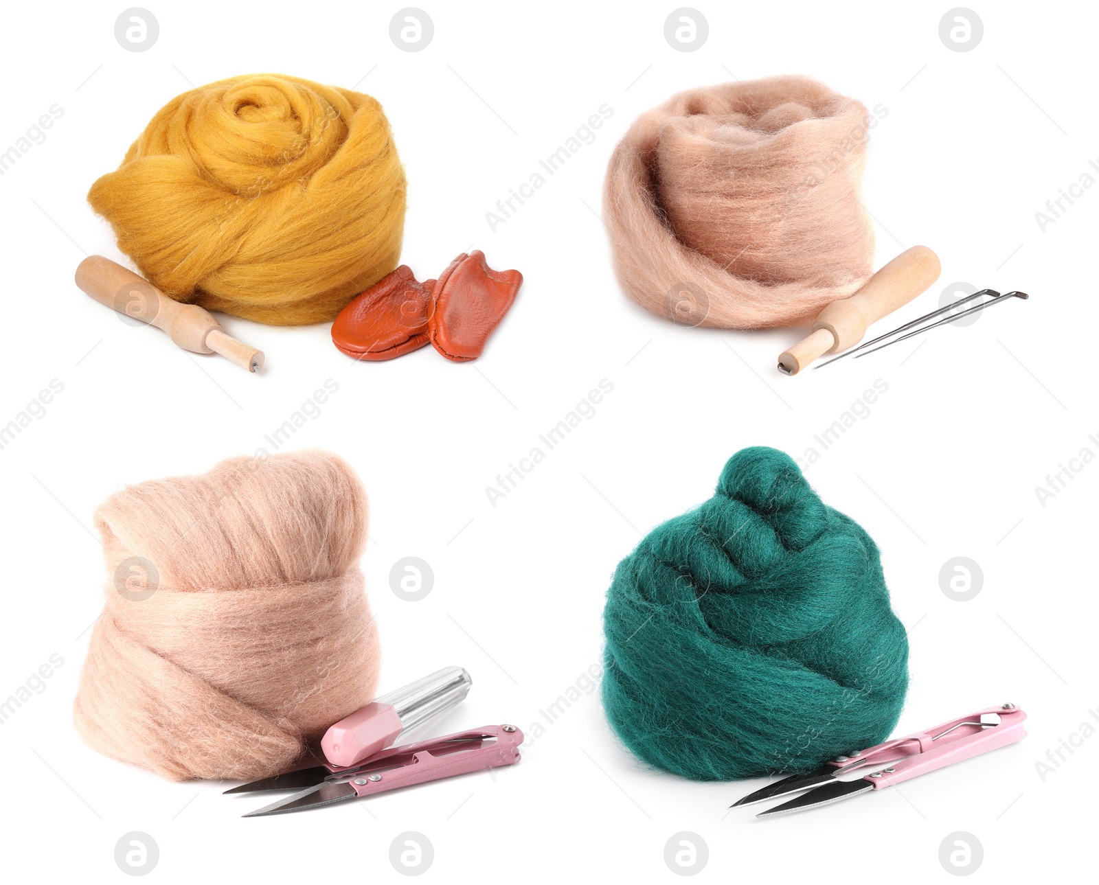 Image of Colorful felting wool and tools isolated on white, set