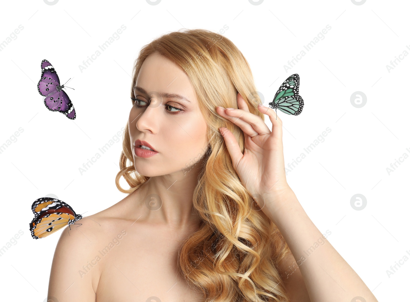 Image of Beautiful young woman and butterflies on white background