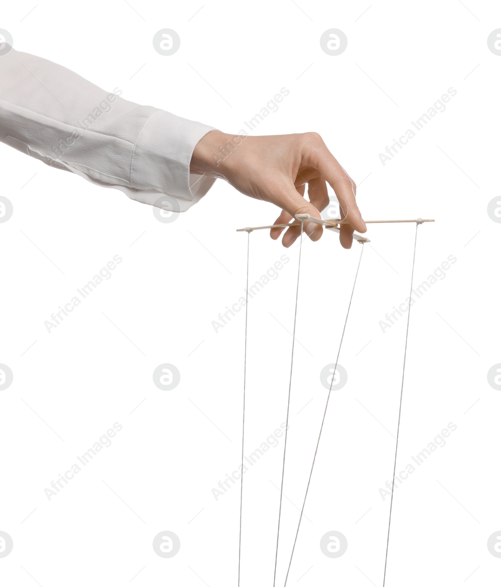 Photo of Woman pulling strings of puppet on white background, closeup