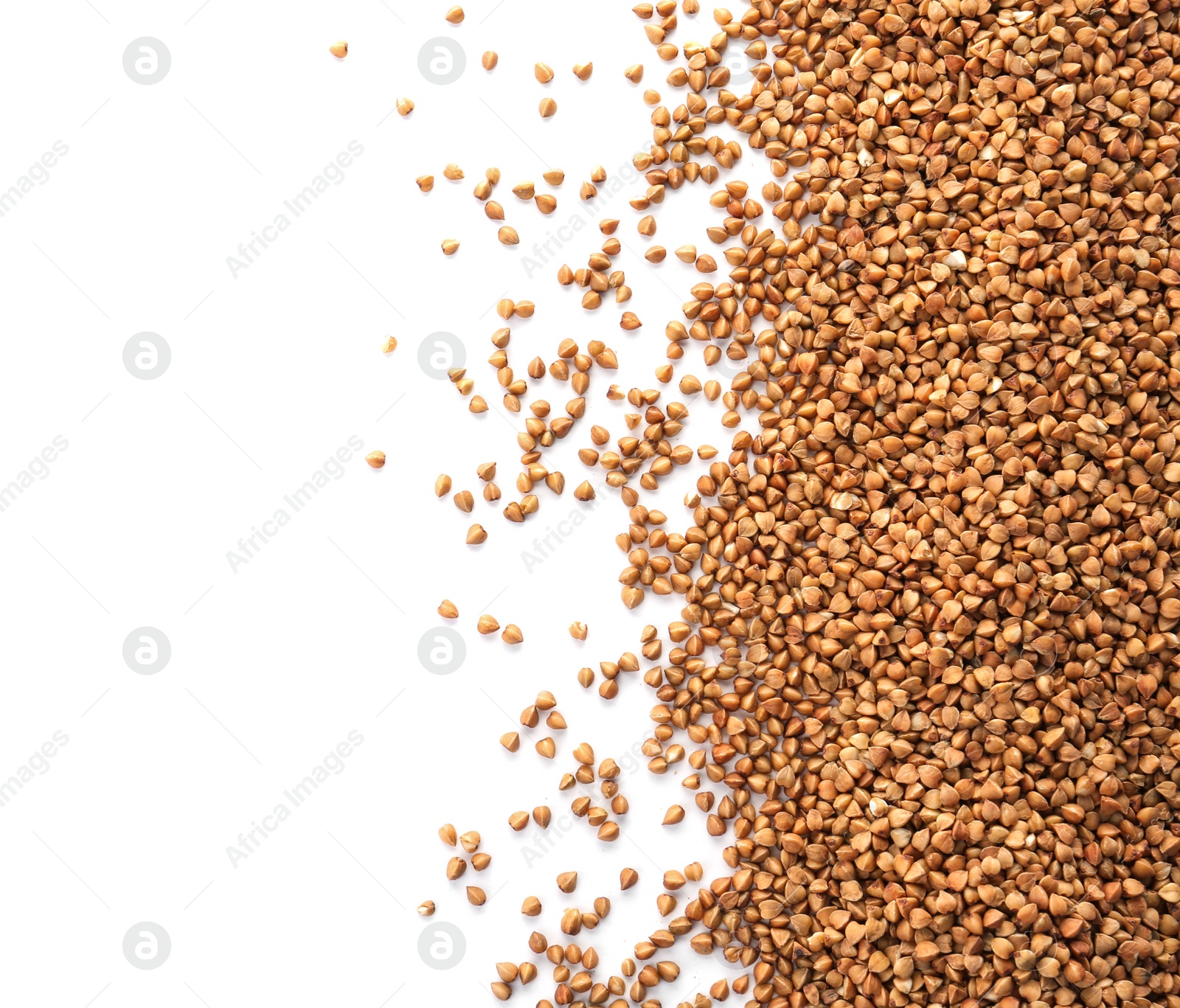 Photo of Raw buckwheat on white background. Healthy grains and cereals