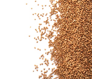 Photo of Raw buckwheat on white background. Healthy grains and cereals