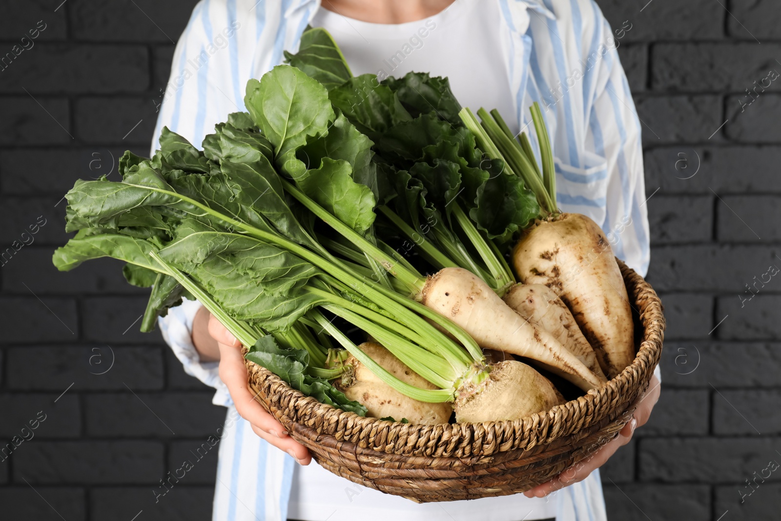 Photo of Woman holding basket with fresh sugar beets near brick wall, closeup