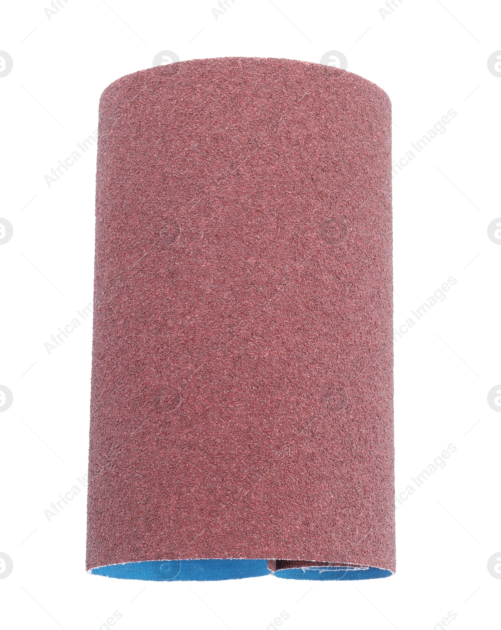 Photo of Rolled sheet of sandpaper isolated on white, top view