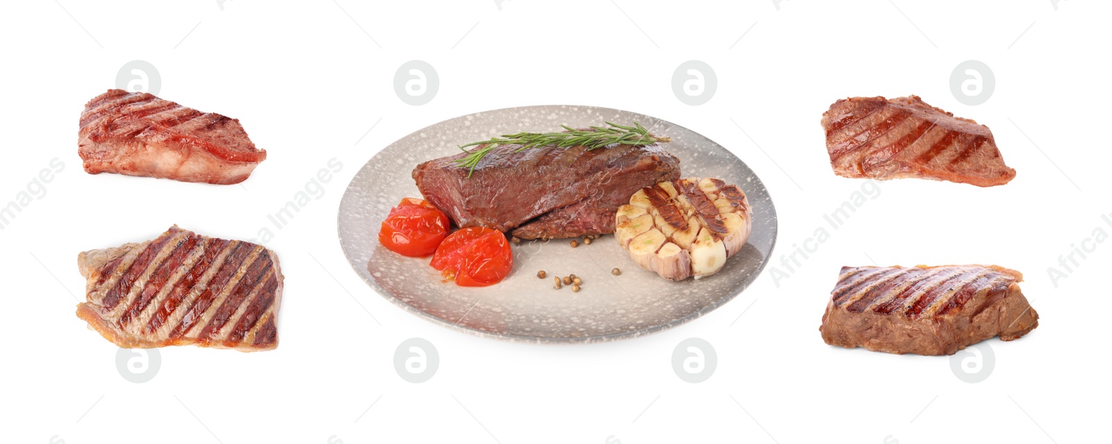 Image of Delicious grilled beef steaks isolated on white, set