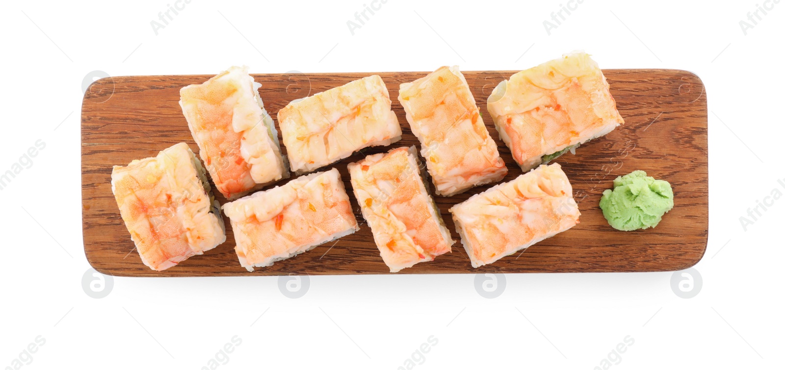 Photo of Delicious sushi rolls with shrimps on white background, top view