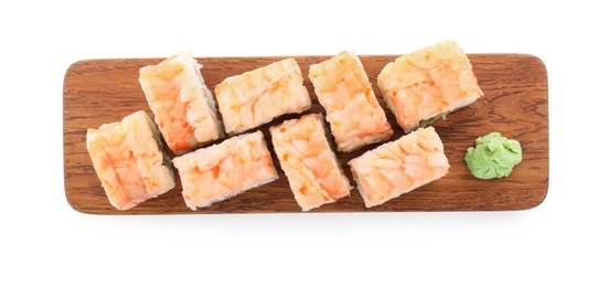 Delicious sushi rolls with shrimps on white background, top view