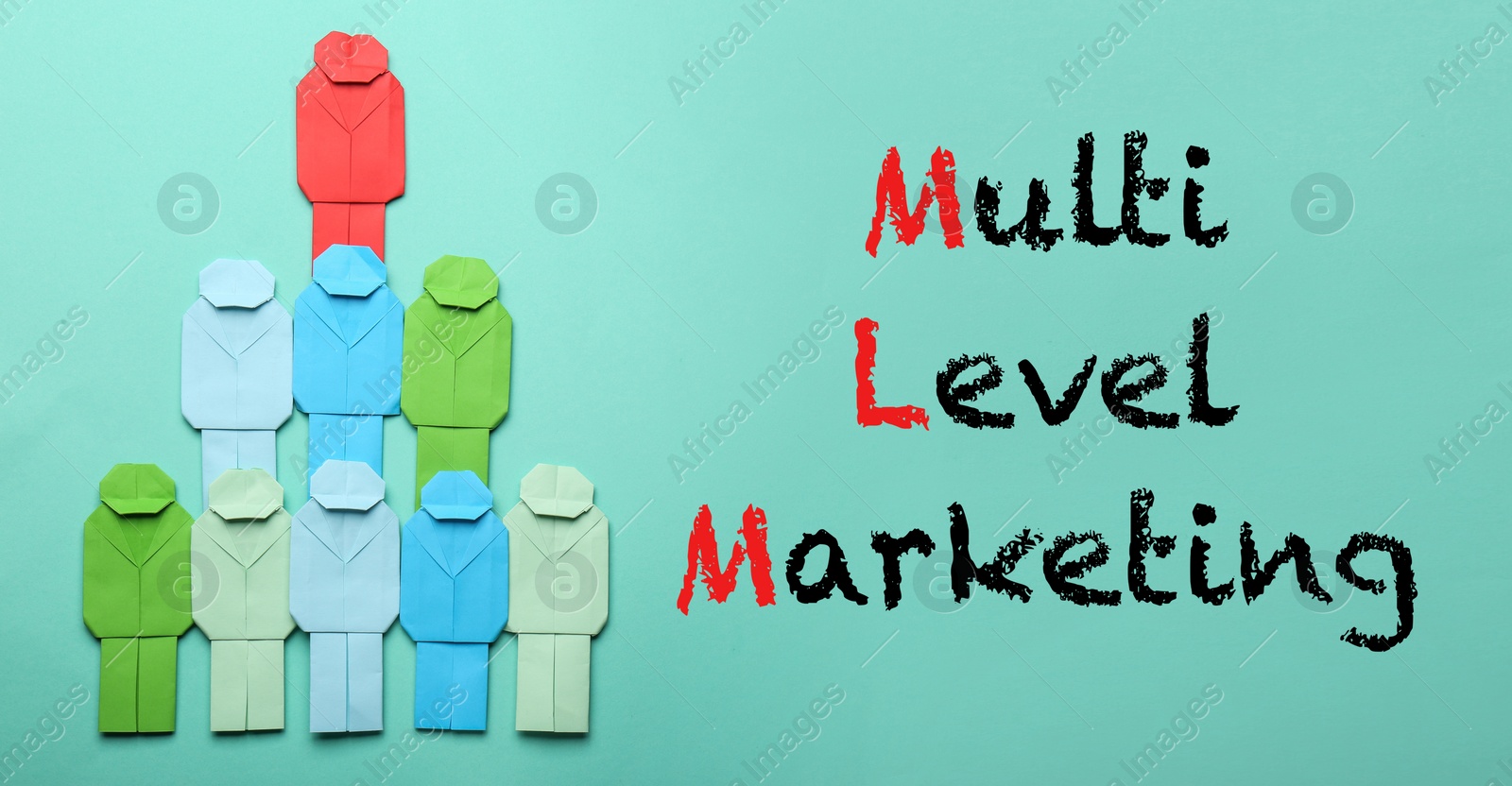 Image of Multi-level marketing. Pyramid of paper human figures with red one at top showing hierarchy on turquoise background, flat lay