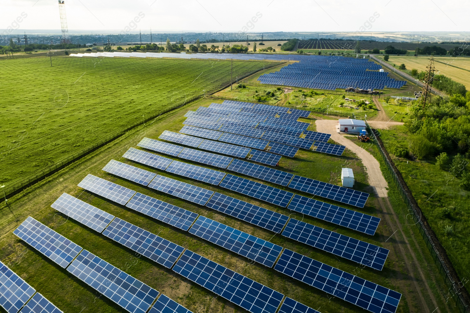 Image of Solar panels installed outdoors. Alternative energy source