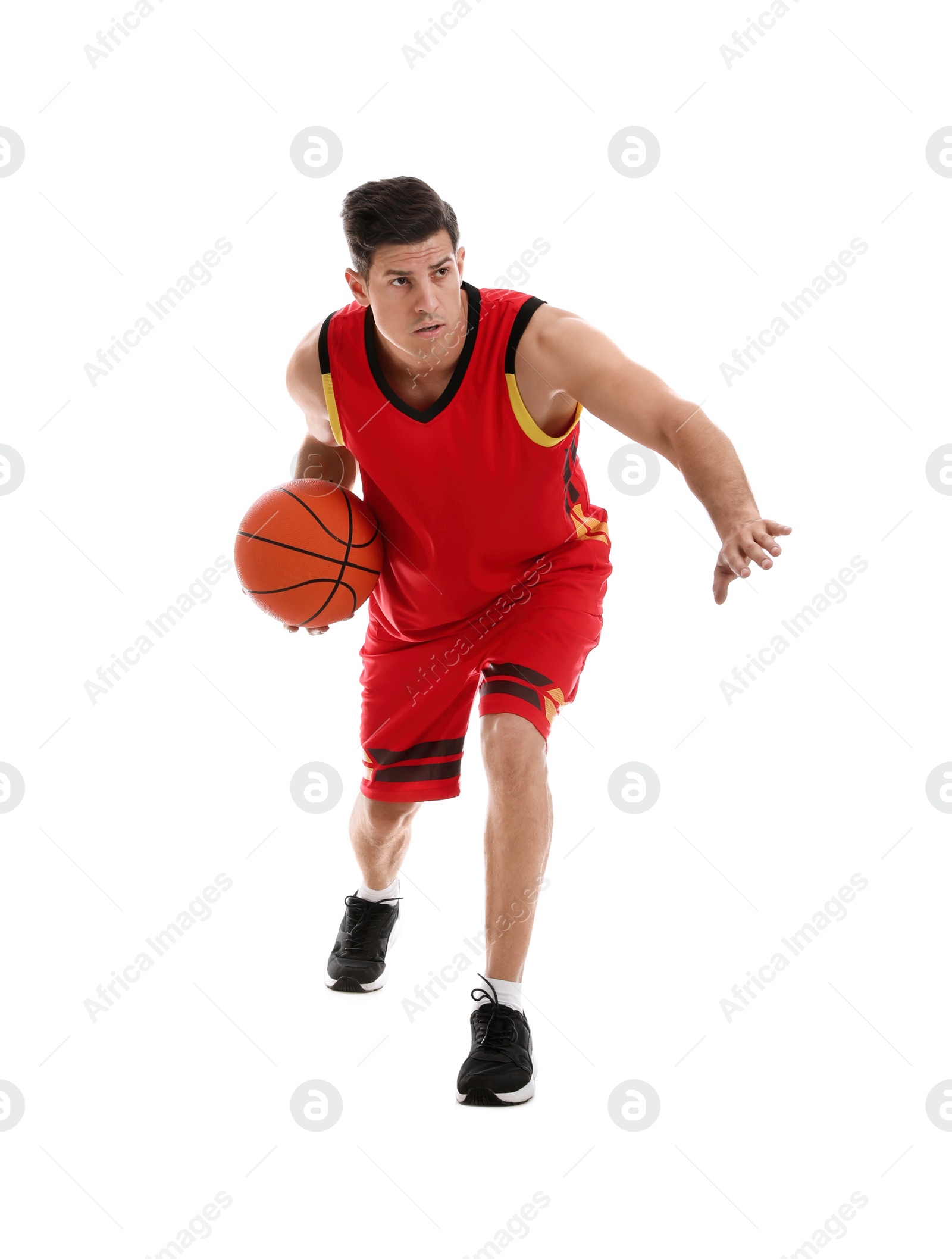 Photo of Professional sportsman playing basketball on white background