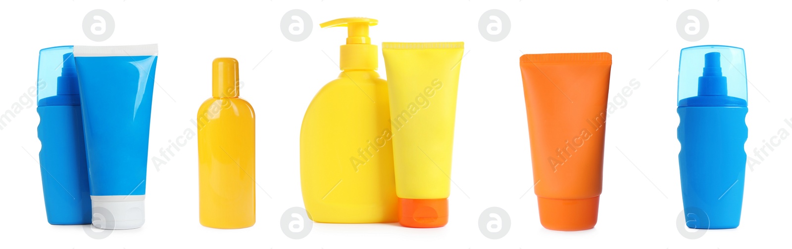 Image of Set with sun protection cosmetic products on white background. Banner design