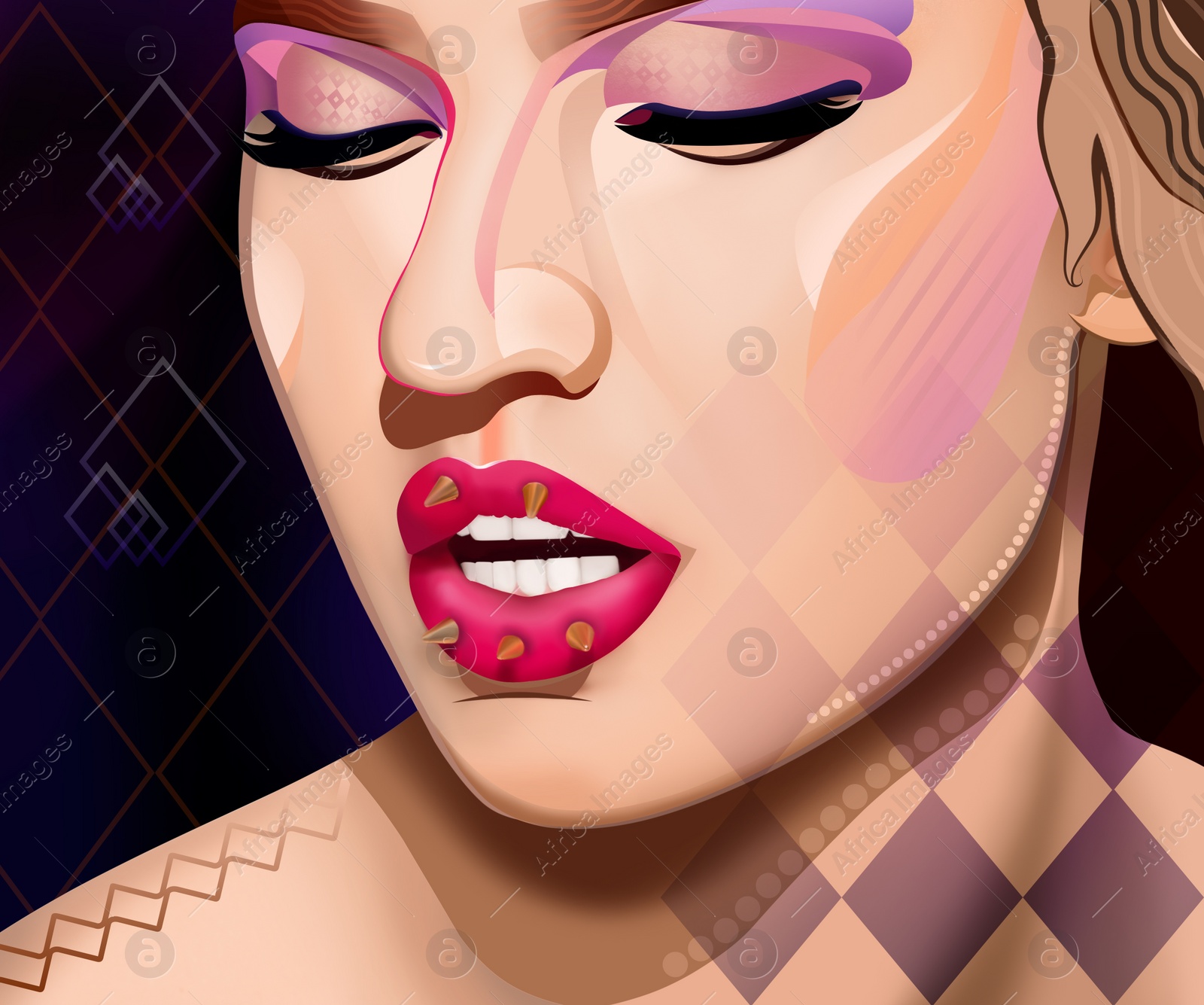 Illustration of  beautiful young model with decorative spikes on lips against color background. Contemporary art 