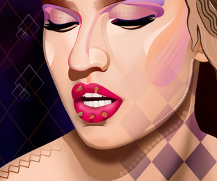 Illustration of Illustration of beautiful young model with decorative spikes on lips against color background. Contemporary art 