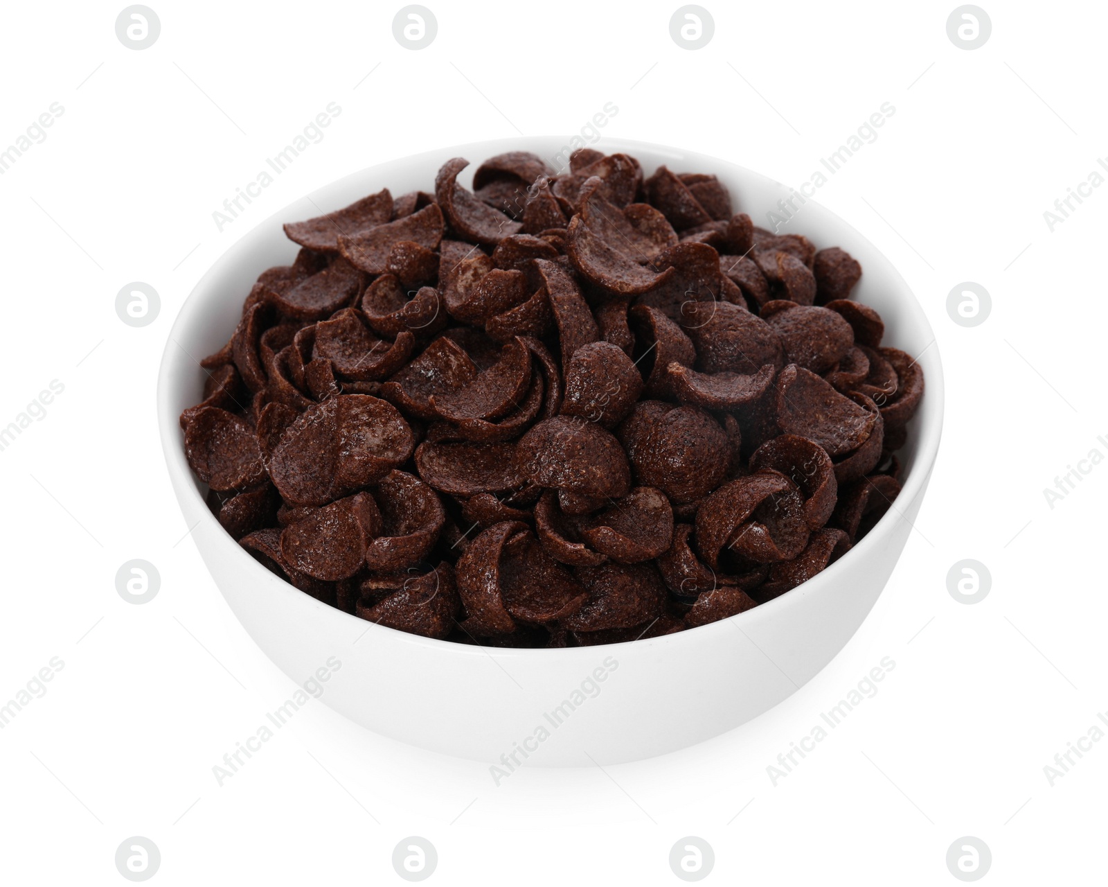 Photo of Breakfast cereal. Chocolate corn flakes in bowl isolated on white