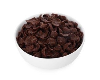 Breakfast cereal. Chocolate corn flakes in bowl isolated on white