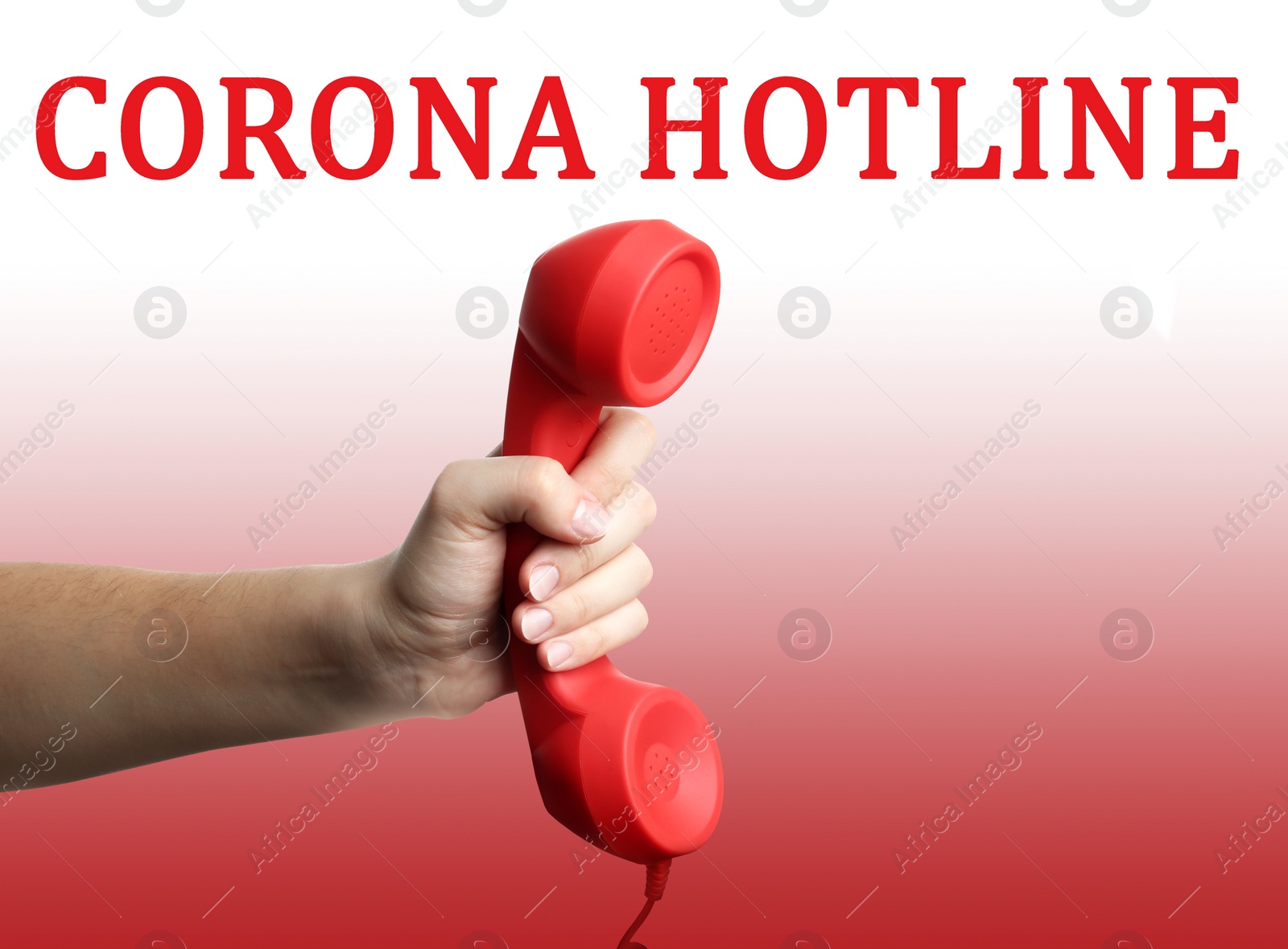 Image of Covid-19 Hotline. Woman with red handset and text on color background, closeup