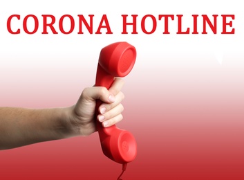 Image of Covid-19 Hotline. Woman with red handset and text on color background, closeup