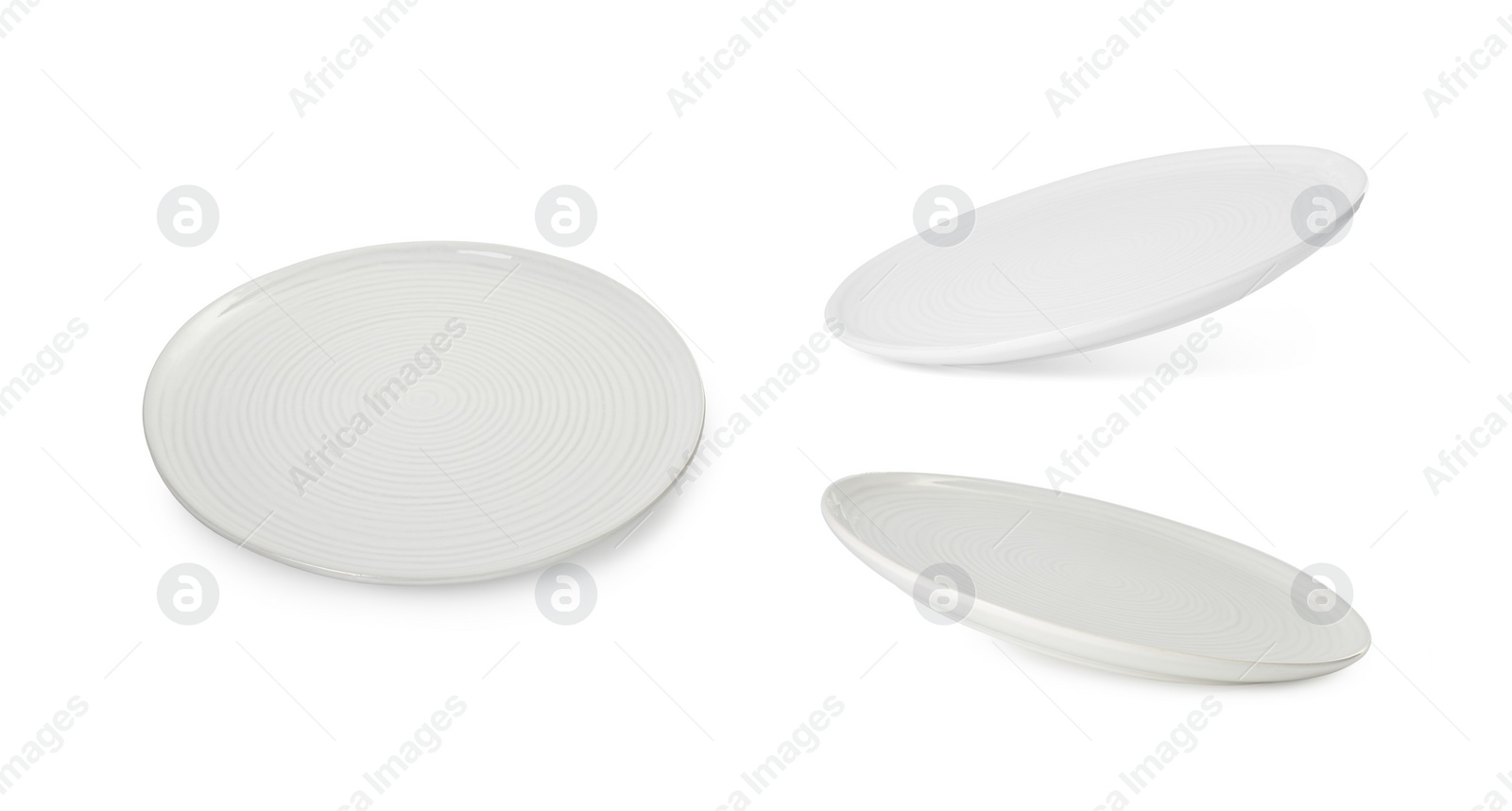 Image of Empty ceramic plate isolated on white, set with different views