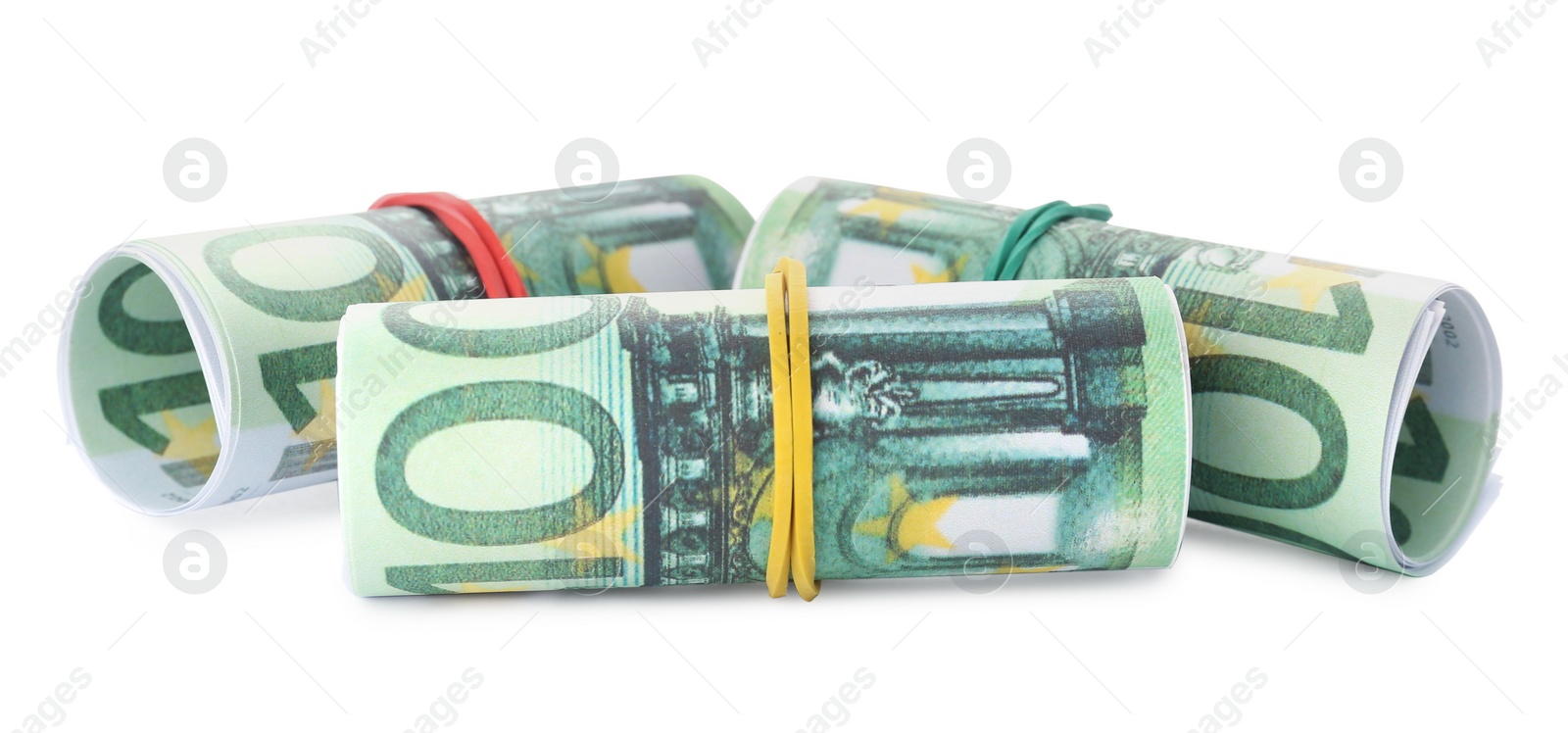 Photo of Rolls of euro banknotes isolated on white. Money and finance