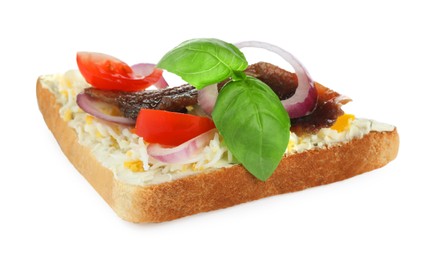 Photo of Delicious sandwich with anchovy, tomato and basil on white background