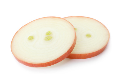 Photo of Slices of raw yellow onion isolated on white