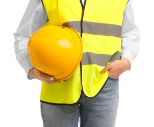 Photo of Engineer with hard hat on white background, closeup