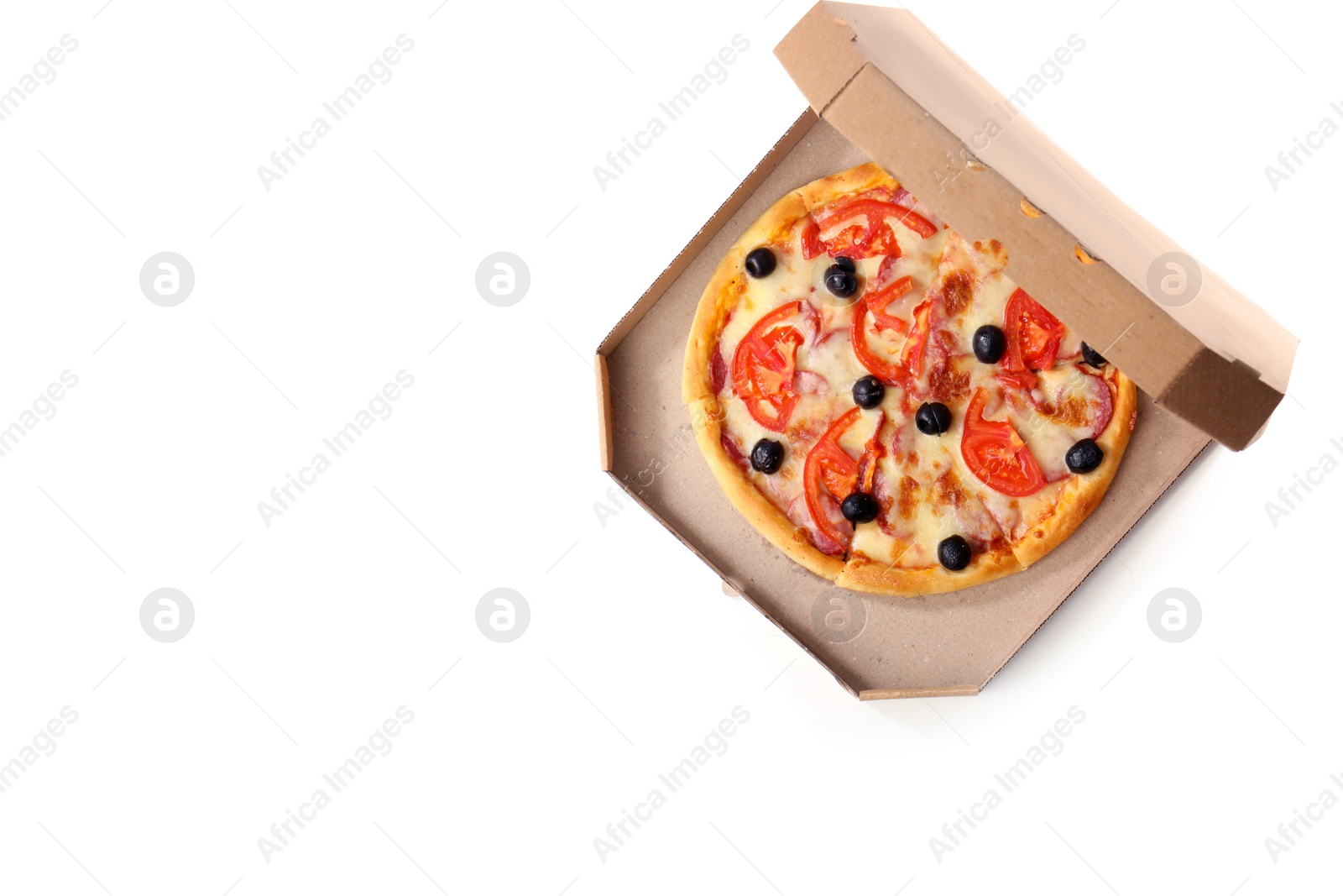 Photo of Open cardboard box with delicious pizza and space for text on white background, top view. Food delivery