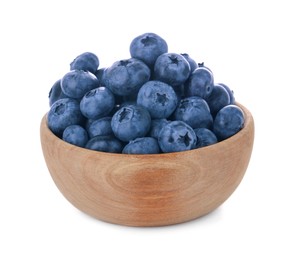 Photo of Tasty fresh ripe blueberries in wooden bowl on white background