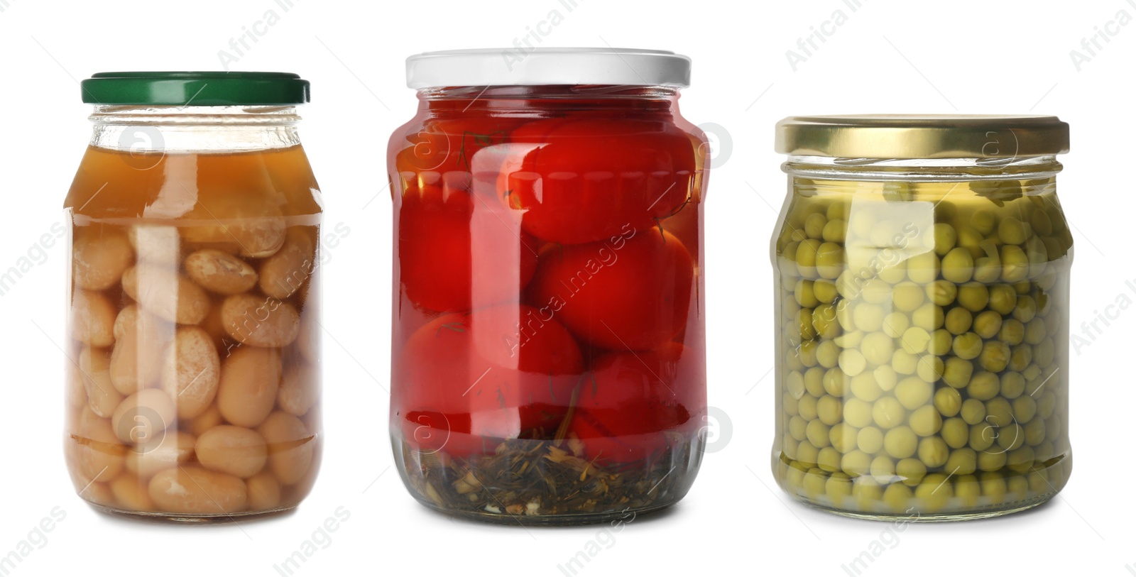 Image of Set of jars with pickled foods on white background. Banner design 