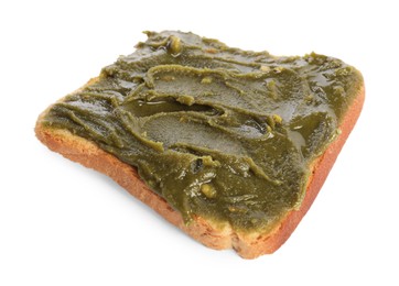 Photo of Toast with tasty pistachio butter isolated on white