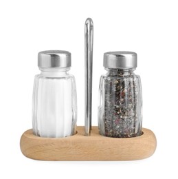 Photo of Holder with salt and pepper shakers isolated on white