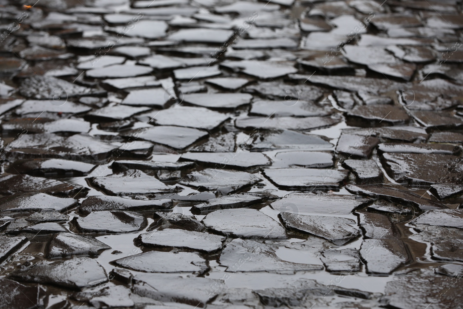 Photo of Wet pavement on city street after rain