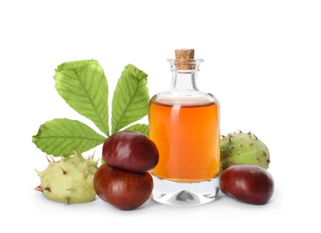 Photo of Horse chestnuts, bottle of tincture and green leaf on white background