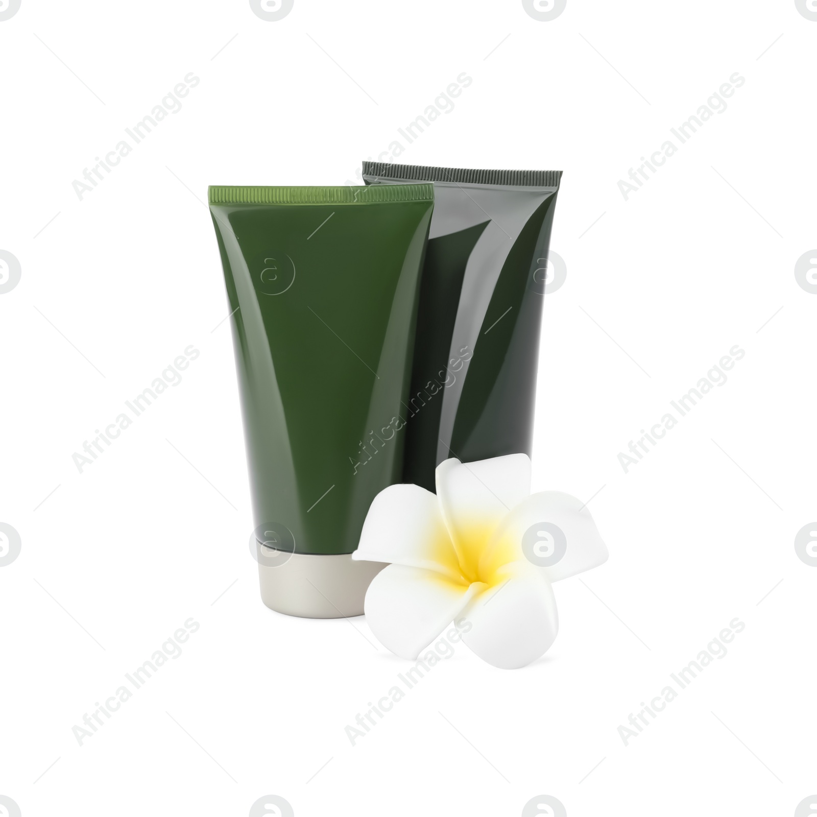 Photo of Cosmetic products and tropical flower isolated on white