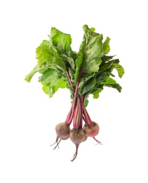 Bunch of fresh beets with leaves on white background