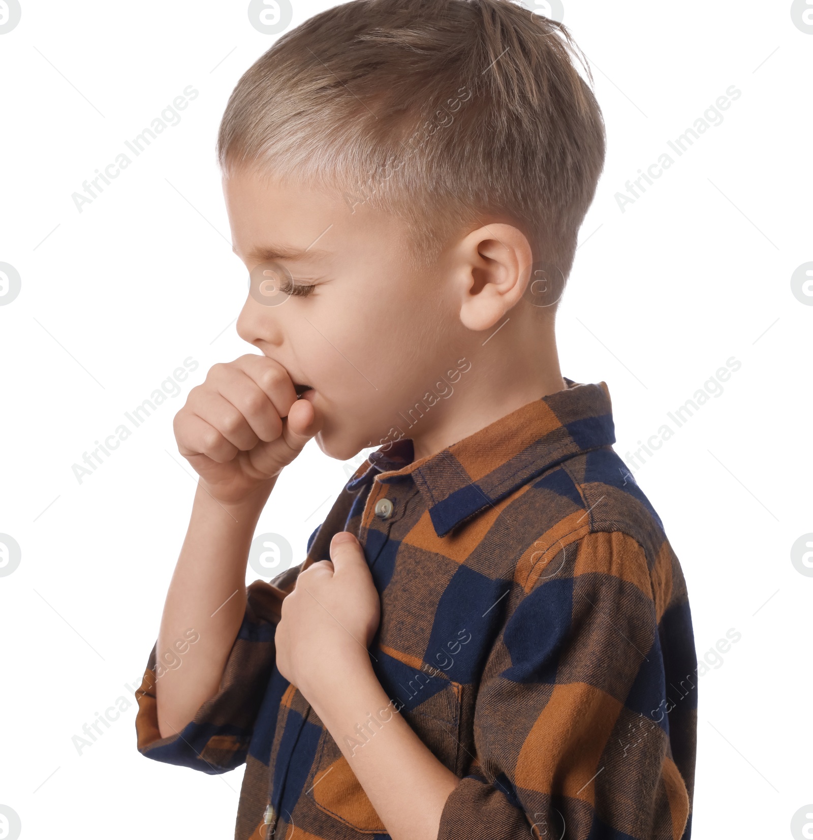 Photo of Sick boy coughing on white background. Cold symptoms