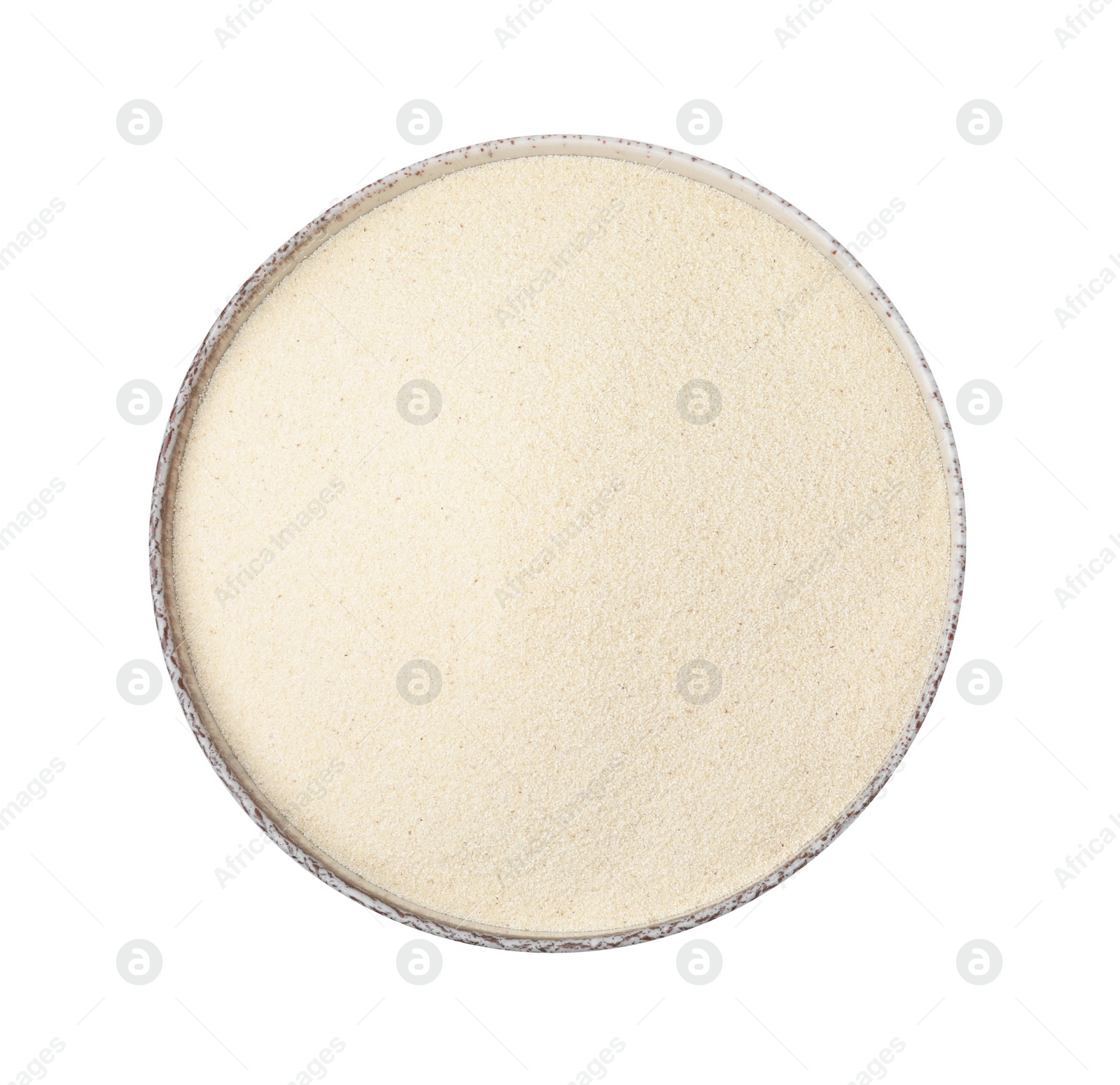 Photo of Bowl of uncooked organic semolina isolated on white, top view